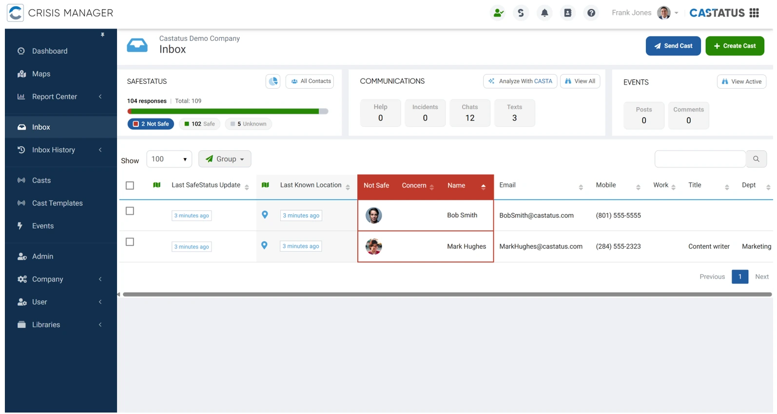 Crisis Manager Inbox showing SAFESTATUS totals, communications with the Analyze With CASTA button, and contacts with their last known location