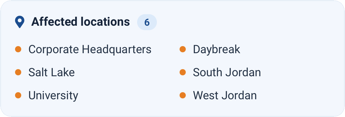 Castatus alert showing which locations are impacted