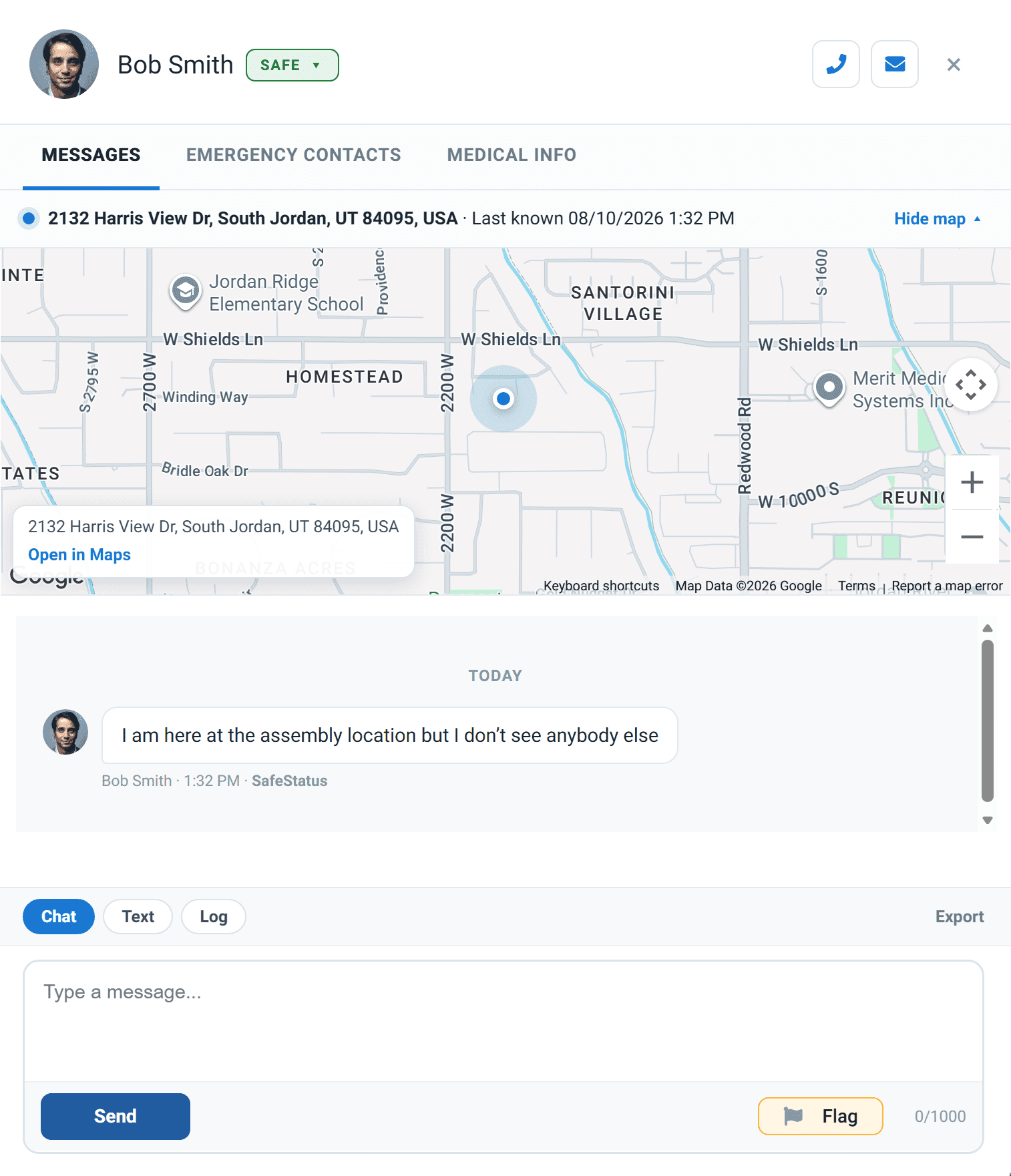 Crisis Manager Inbox contact conversation with SafeStatus, chat thread, and map location