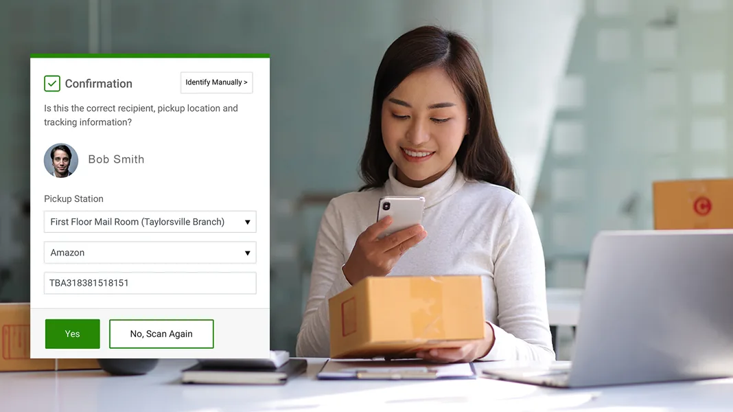 Employee scanning a package with the Castatus Deliveries app, which shows the matched recipient, pickup station and Amazon tracking number