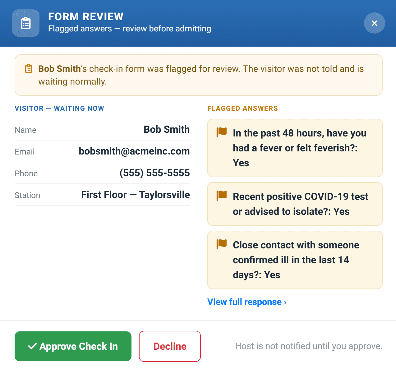 Flagged visitor check-in form waiting for review