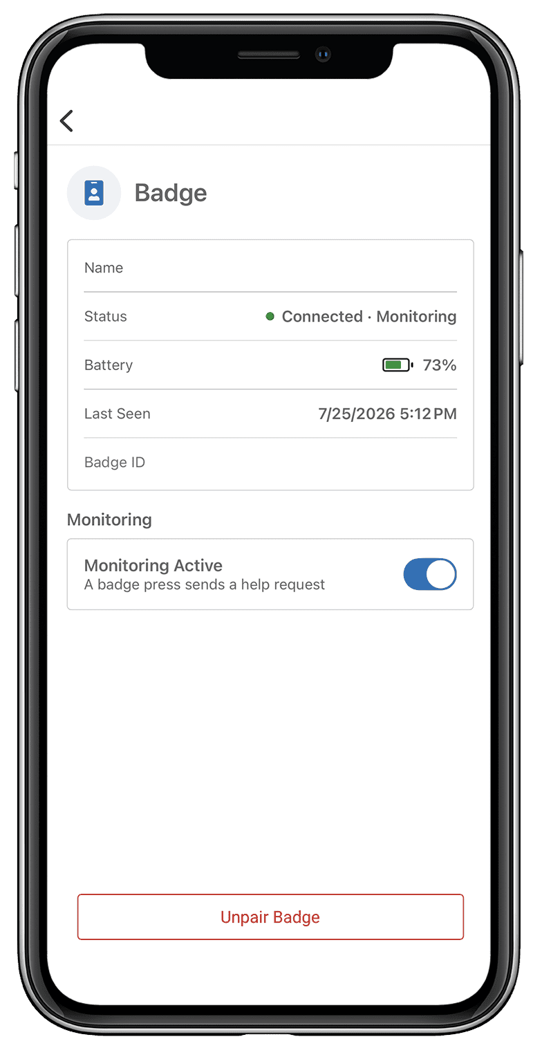 The SAFESTATUS app showing the B2 Smart Badge connected and monitoring, with battery level and last seen time