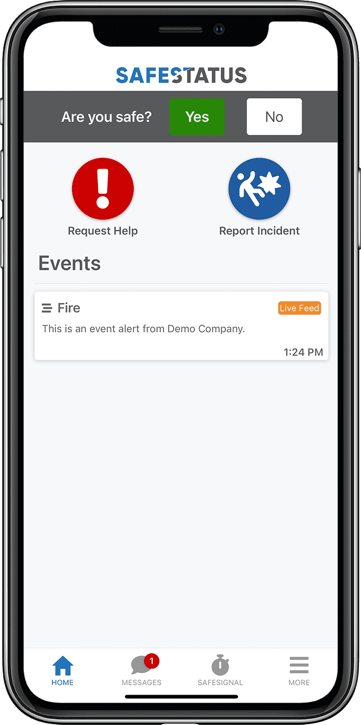 A SafeStatus help request arriving with the employee's location