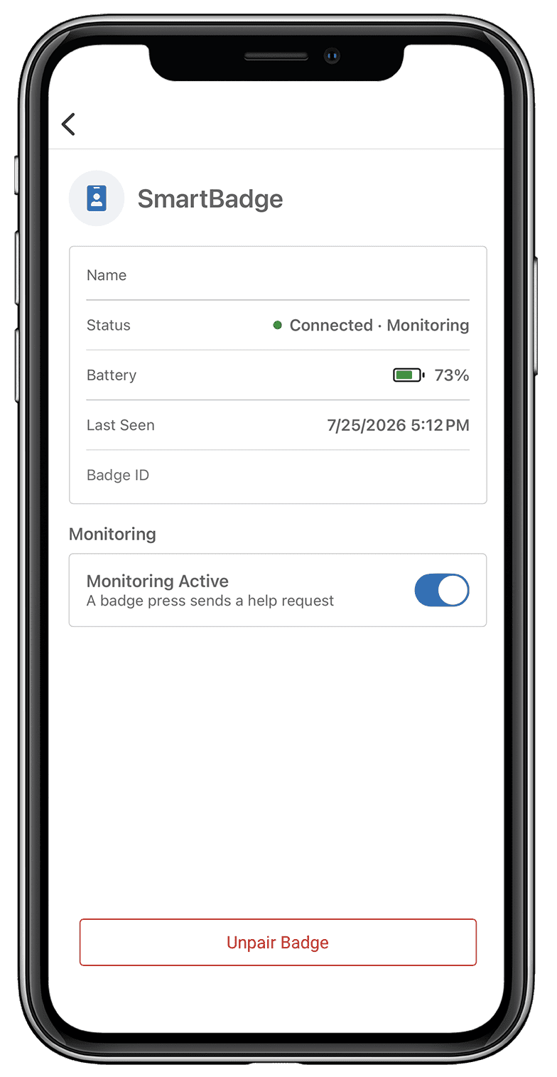 The SAFESTATUS app showing the SmartBadge connected and monitoring, with battery level and last seen time