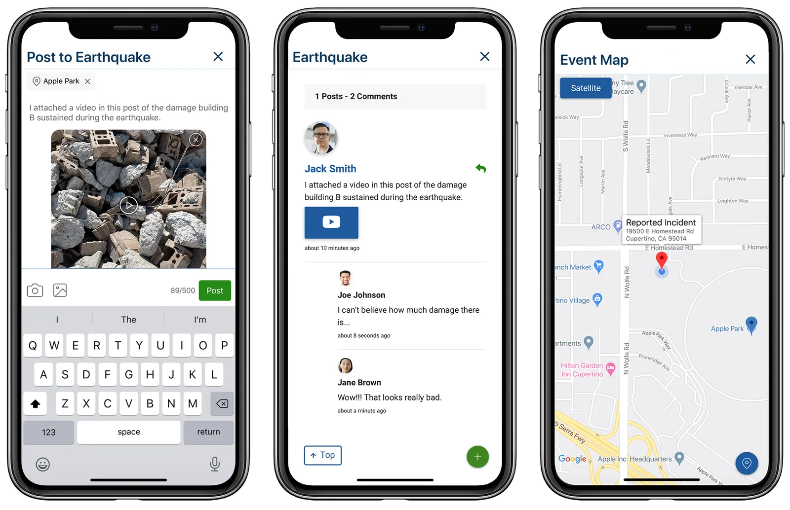 Three SAFESTATUS screens: posting a video to an earthquake event, the event feed with comments, and a map of the reported incident