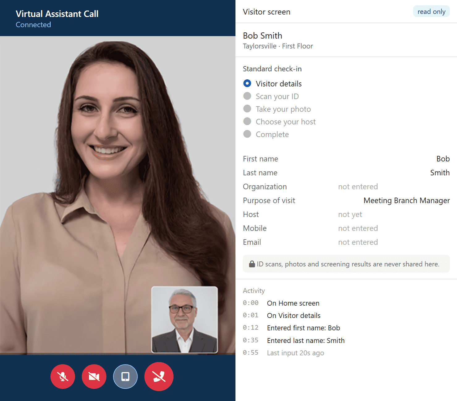 Staff call window with live video next to a read-only visitor screen panel showing check-in steps, entered details, and an activity timeline