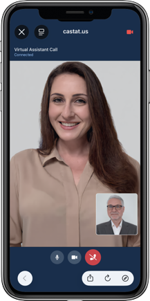A staff member answering a visitor video call on a phone in a browser